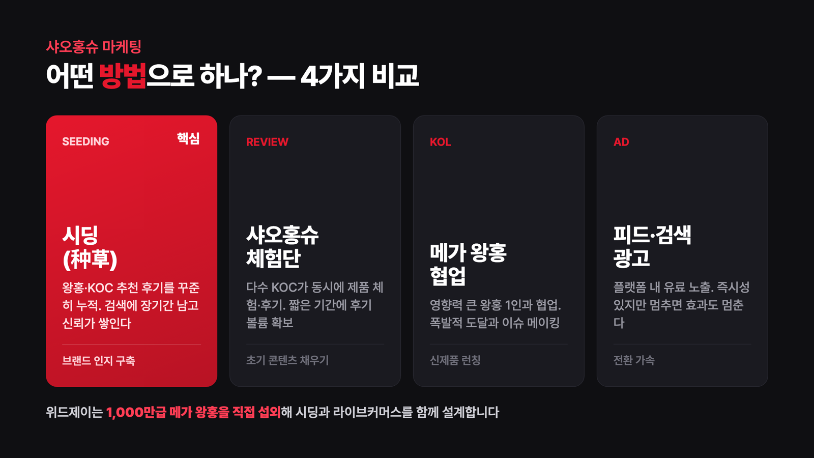 샤오홍슈 마케팅 4가지 방법 비교 - 시딩 체험단 메가왕홍 광고
